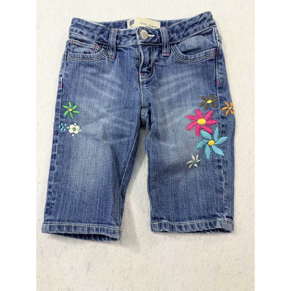 Gap Kids Embroidered Stretch floral Denim Caprice Girl Size 6 Regular Blue Jeans